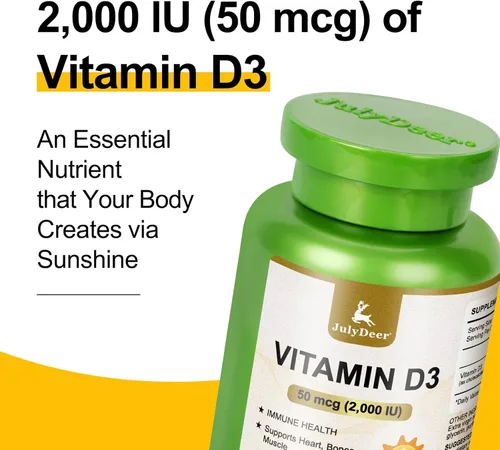 Miniatura 3 de JulyDeer Vitamina D3 2000 UI (50 mcg) 180 cápsulas blandas Apoya la salud inmunológica, la absorción de calcio y la fuerza ósea Esencial