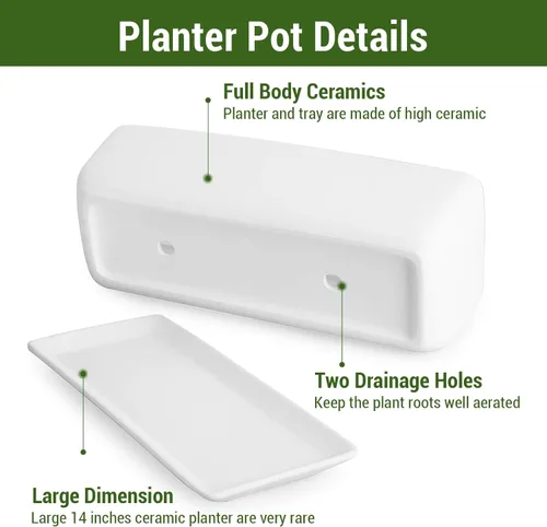 Miniatura 5 de MyGift Maceta de Cerámica de 14 Pulgadas para Plantas de Interior con Agujero de Drenaje, Maceta Rectangular para Suculentas con Caja Abierta
