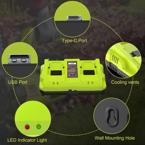 Miniatura 2 de Repuesto para cargador de batería Ryobi de 40 V, estación de carga rápida OP402 de doble puerto con USB y tipo C - Compatible con baterías OP4026