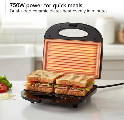 Miniatura 3 de OVENTE - Parrilla eléctrica para panini con placas antiadherentes, luces indicadoras LED, control de termostato, sandwichera compacta perfecta