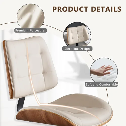 Miniatura 7 de Silla de escritorio de oficina en casa con ruedas, silla de oficina sin brazos de altura ajustable, piel sintética, respaldo medio, silla de Beige