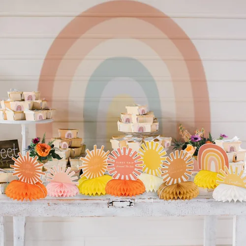 Miniatura 5 de 9 piezas de centro de mesa boho con forma de panal de abeja, decoración de mesa hippie arcoíris apagado, decoración de mesa de primer viaje