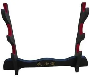 Miniatura 2 de HMS Soporte de mesa de madera negra de 2 niveles para exhibición de Katana y Wakizashi, detalle Kanji y fieltro rojo