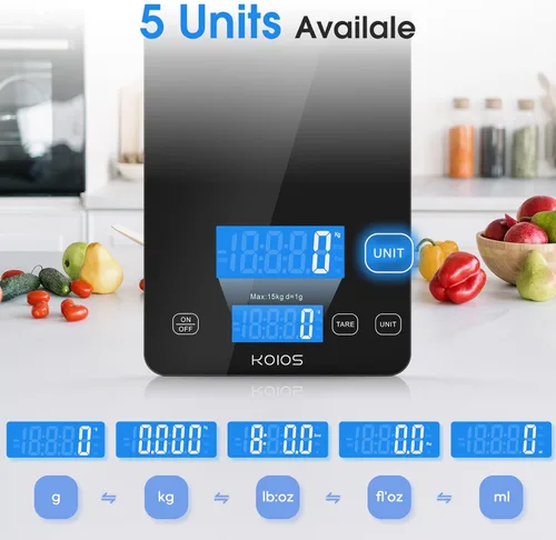Miniatura 6 de KOIOS Báscula de alimentos, báscula digital de cocina de 33 libras/15 kg, peso en gramos y onzas para cocinar y hornear, graduación precisa de 1
