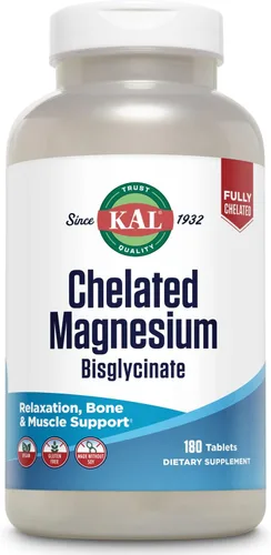 KAL Bisglicinato de magnesio quelado, suplemento de magnesio para relajación, salud ósea, apoyo a la función nerviosa y muscular*, alta absorción,