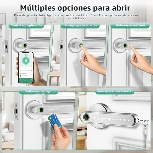 Miniatura 2 de Cerradura inteligente de puerta con perilla, cerraduras de puerta sin llave con manija, perilla de puerta por huella dactilar para recámara/puerta
