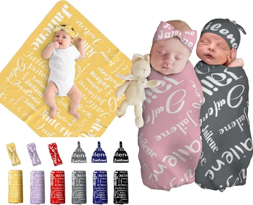 Miniatura 16 de Juego de manta personalizada para bebé con diadema acogedora y sombrero para niñas y niños recién nacidos, manta personalizada con nombre de bebé