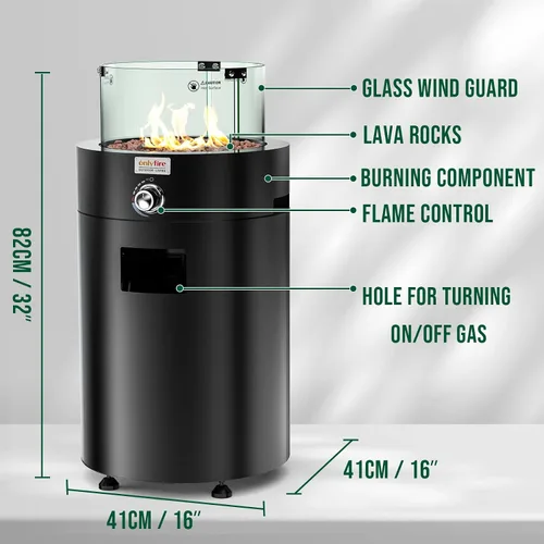 Miniatura 2 de Fogata de gas desmontable con rocas de lava, escudo de vidrio y ruedas, hoguera de propano sin humo con manguera para patio, patio, campamento