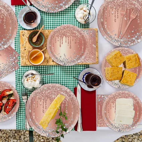 Miniatura 6 de Juego de platos y servilletas de fiesta de oro rosa, decoraciones de cumpleaños rosas, suministros temáticos de diamantes, sirve para 24 invitados