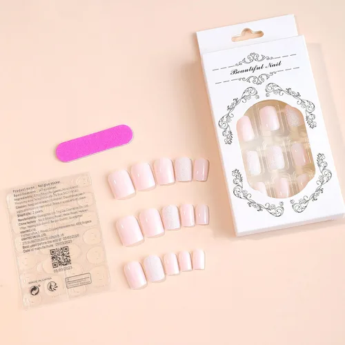 Miniatura 5 de Uñas postizas cuadradas cortas a presión, color rosa, de cobertura completa, uñas acrílicas brillantes con purpurina, lindas uñas postizas
