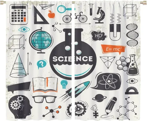 Miniatura 72 de Cortinas opacas para ventanas de ciencia para niños, lupa de libro de laboratorio de ciencia, lupa, frascos moleculares, cortinas impresas