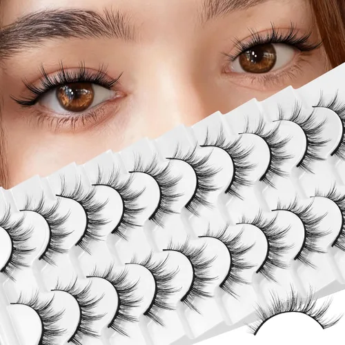 Losha Pestañas Manga Esponjosas de Visón Sintético, Aspecto Natural, 10 Pares de Pestañas Postizas Asiáticas, Paquete que Parece Racimos