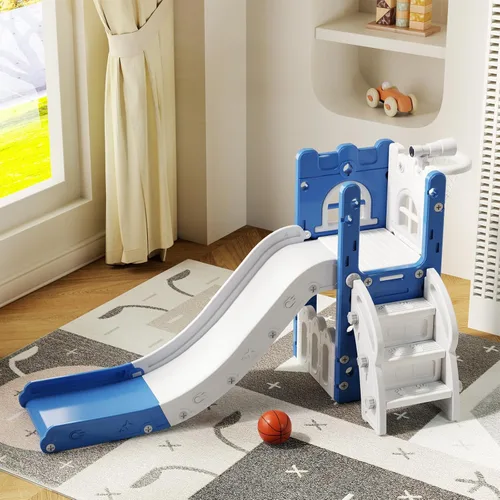 Miniatura 6 de MOCUTEEN Tobogán 6 en 1 para niños pequeños, juego de bebé para interiores y exteriores con aro de baloncesto, almacenamiento y telescopio, juguetes
