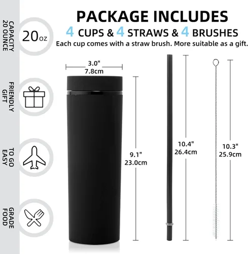 Miniatura 3 de Volhoply Paquete de 4 vasos delgados de plástico de 20 onzas, vaso de doble pared con tapa y pajilla, taza de café helado de viaje, reutilizable