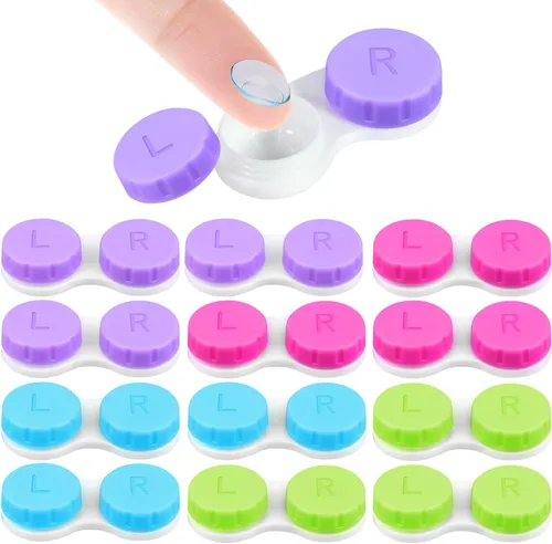 KISEER Paquete de 12 fundas coloridas para lentes de contacto, contenedor a granel, kit de almacenamiento de remojo (4 colores)
