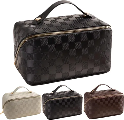 Miniatura 19 de Bolsas de maquillaje a cuadros de gran capacidad, bolsas de cosméticos portátiles de viaje, bolsa de aseo abierta y plana para mujeres y niñas