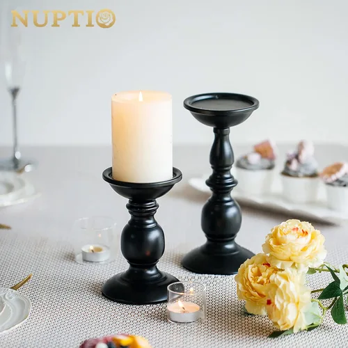 Miniatura 2 de Nuptio Portavelas negro para velas de pilar - Juego de 2 portavelas rústicos Soporte de velas de metal alto Portavelas de pilar retro de otoño