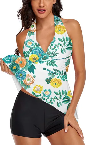 Miniatura 2 de Traje de baño tankini halter para mujer, de dos piezas, con control de abdomen, cuello en V, fluido con pantalones cortos