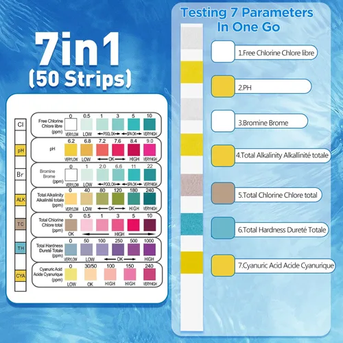 Miniatura 2 de Tiras de prueba de piscina, tiras de prueba de piscina 7 en 1, 50 tiras de prueba química de agua para agua de piscina, tiras de prueba de spa