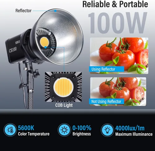 Miniatura 2 de SIRUI Luz de video LED CS100 de 100 W, iluminación continua de luz diurna portátil, CRI 96 de 5600K, TLCI 98 4000Lux/m, montaje Bowens, 8 efectos
