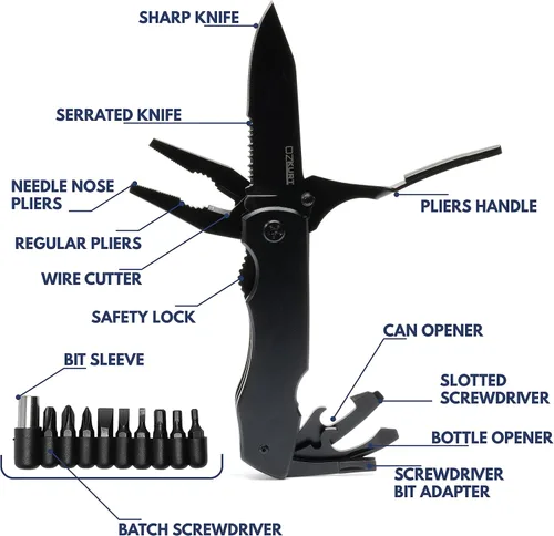 Miniatura 2 de Cuchillo multiherramienta personalizado con nombre grabado en 20 fuentes, cuchillo de alicates multiherramienta 9 en 1 con alicates, juego