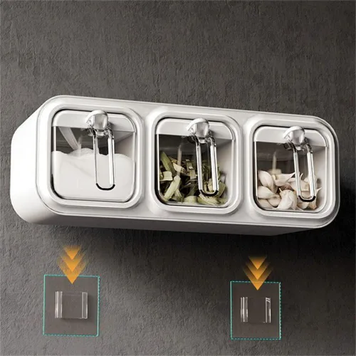 Miniatura 5 de Tarros de especias montados en la pared,Caja de condimentos autoadhesiva con cuchara,Botella dispensadora de condimentos múltiples (blanco 3 piezas)