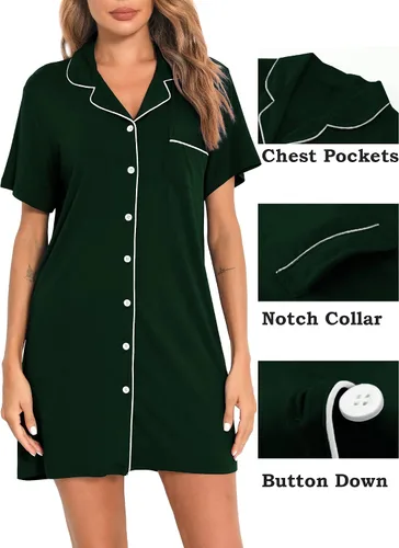 Miniatura 2 de SWOMOG Camisón de manga corta con botones para mujer, con cuello de muesca, pijama, vestido de pijama