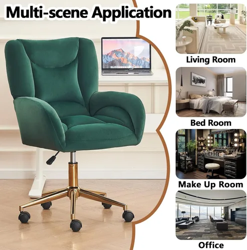 Miniatura 7 de Silla de escritorio de terciopelo suave cómoda con patas y ruedas de metal dorado, silla de oficina cómoda giratoria de 360 grados con altura Verde