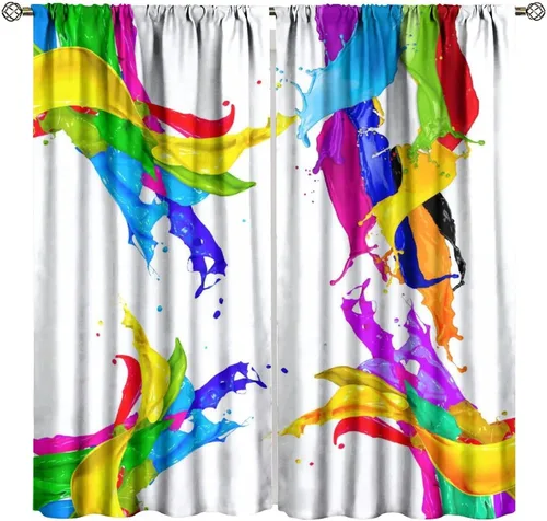 Miniatura 23 de Cortinas opacas abstractas de arco iris, pintura de color arcoíris con gotas, diseño gráfico creativo con bolsillo para barra, para sala de estar
