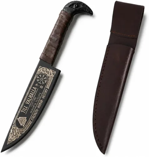 Odin's Raven - Cuchillo de estilo vikingo con funda de cuero, hoja de acero al carbono forjada a mano de 6.5 pulgadas, mango de cabeza de cuervo,
