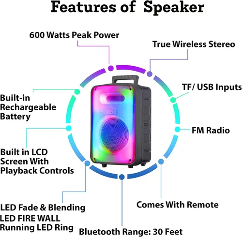Miniatura 3 de Technical Pro Altavoz Bluetooth bidireccional recargable de 600 vatios de 8 pulgadas con pared LED brillante, radio FM, USB, sonido estéreo TWS