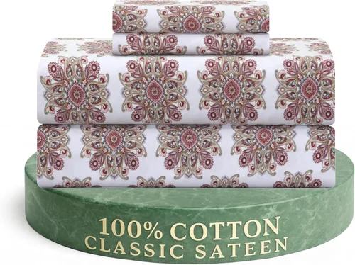 Miniatura 11 de Juego de sábanas Feather & Stitch de 300 hilos tamaño individual, 100% algodón con tejido de satén estampado, sábanas frescas y transpirables, juego