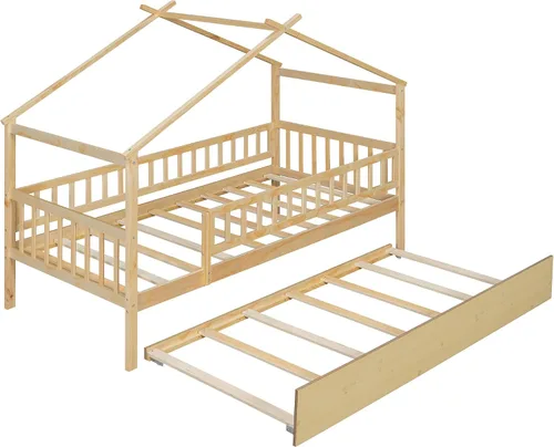 Miniatura 6 de Harper & Bright Designs Cama de madera con nido, marco de cama Platforn para niños de tamaño individual con rieles de valla y techo para niñas