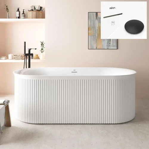Miniatura 45 de FerdY 59" Bañera de acrílico independiente Bali Elite, bañera independiente de inmersión con forma elegante, certificada cUPC, desagüe negro Toe-Tap