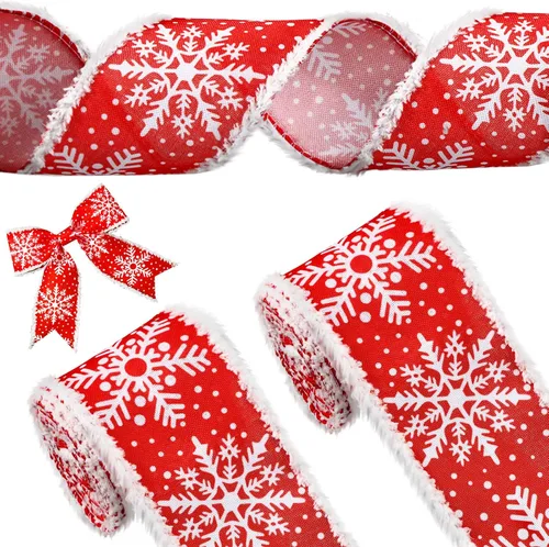 Miniatura 8 de 2 rollos de cinta de copo de nieve con borde con alambre para árbol de Navidad, cinta decorativa de temporada para Navidad, decoración de invierno
