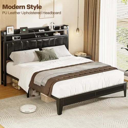 Miniatura 7 de Base de cama de tamaño matrimonial con estantes de almacenamiento de 2 niveles, marco de cama LED con cabecera de piel sintética, cama de plataforma