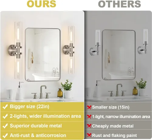 Miniatura 2 de Juego de 2 apliques de pared, apliques de baño de níquel cepillado cableados con vidrio transparente, apliques modernos para decoración de pared