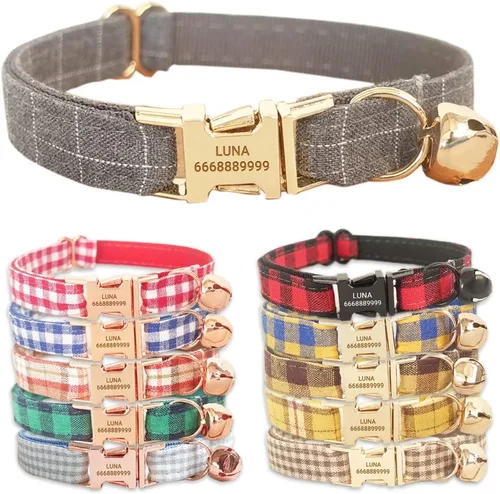 PETDURO Collares de gato a cuadros hechos a mano personalizados con campana y hebilla de metal grabada con nombre personalizado para gatos lindos y