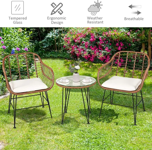 Miniatura 30 de Tangkula - Juego de 3 piezas para conversación en el patio, juego de muebles de mimbre al aire libre con mesa redonda de vidrio templado y 2