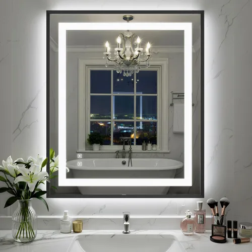 Miniatura 16 de Espejo de baño LED de 24 x 32 pulgadas con luces, espejo de tocador de baño con marco negro con luz frontal + retroiluminación para pared, vidrio