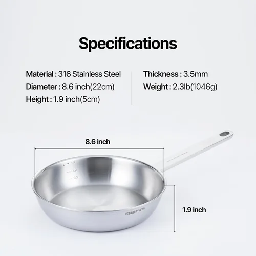 Miniatura 4 de Sartén de Acero Inoxidable 316 de 8.6 Pulgadas, Sartén Saltear de Acero Inoxidable de 5 Capas, Sartén Profunda, Compatible con Inducción, Apta