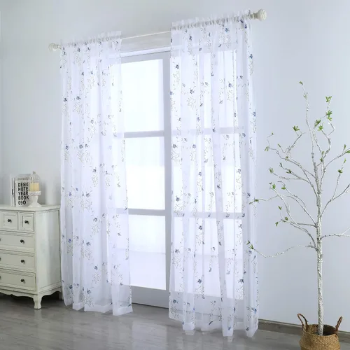 Miniatura 7 de Taisier Home Cortinas Traslúcidas Blancas Florales con Estampado de Flores y Bordado de Enredaderas para Dormitorio, Cortina con Bolsillo
