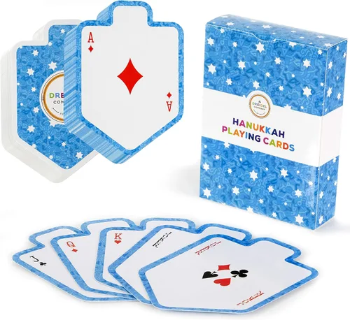 Miniatura 5 de The Dreidel Company Paquete de 10 cartas de Hanukkah en forma de Dreidels - Barajas de cartas para juegos judíos con temática de fiestas temáticas