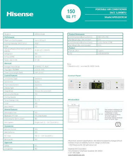Miniatura 4 de Hisense Aire acondicionado portátil de 5000 BTU DOE (115 voltios) blanco ventilado, control remoto, enfría 150 pies cuadrados, temporizador de 24