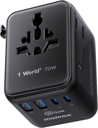 MOMAX Mini Adaptador de Viaje Universal 7 en 1, Adaptador de Corriente Internacional GaN 70W, 2 AC, 3 USB-C PD de Carga Rápida y 2 USB-A QC, Negro