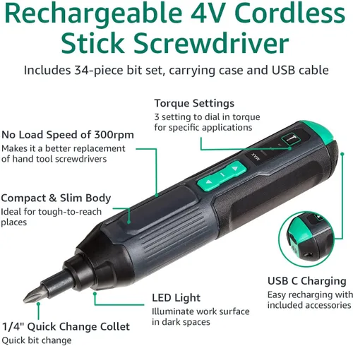 Miniatura 4 de Amazon Basics de SKIL - Destornillador de precisión inalámbrico recargable de 4 V, con juego de 34 puntas, funda de transporte, carga USB, luz