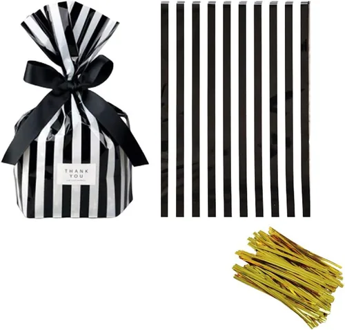 Bolsas de regalo con tiras negras transparentes Tim&Lin, bolsas de celofán para galletas, con lazos dorados, paquete de 50