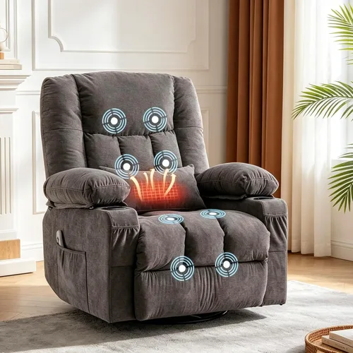 Silla reclinable de masaje de 8 puntos con función mecedora calefactada para adultos, reclinable de gran tamaño con bolsillo lateral, 2 portavasos