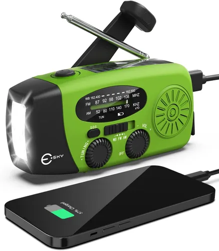 Miniatura 11 de Esky Radio de emergencia con manivela y 3 linternas LED, radio meteorológica portátil AM/FM/NOAA con cargador de teléfono de 2000mAh, radio
