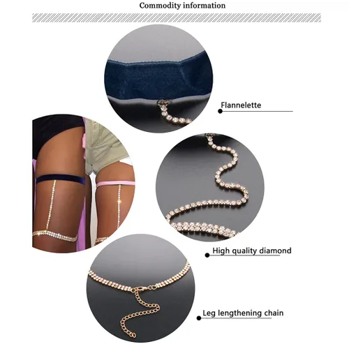 Miniatura 3 de Flosy Cadena sexy para muslo, cadena de cristal dorado multicapa para piernas de verano, cadena de cuerpo con diamantes de imitación brillantes